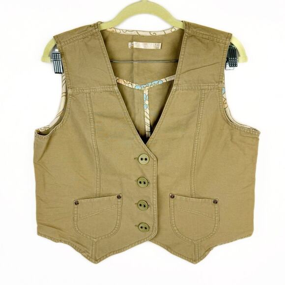 Old Navy Safari Green Big-Button U Pockets Sleeveless Vest Y2K Top Sz Large - Picture 1 of 10